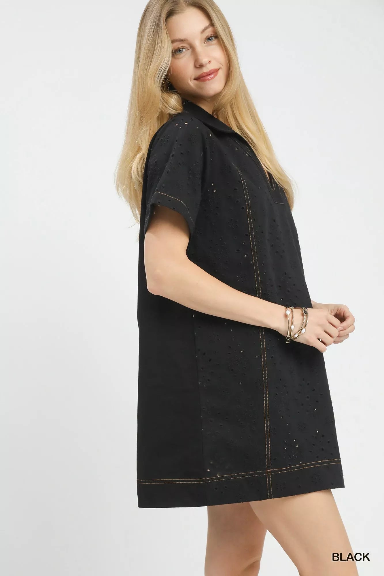 Umgee Eyelet Short Sleeve Shift Dress with Pocket - Bitsy Gypsy Boutique