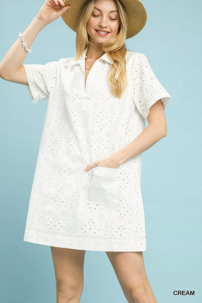 Umgee Eyelet Short Sleeve Shift Dress with Pocket - Bitsy Gypsy Boutique
