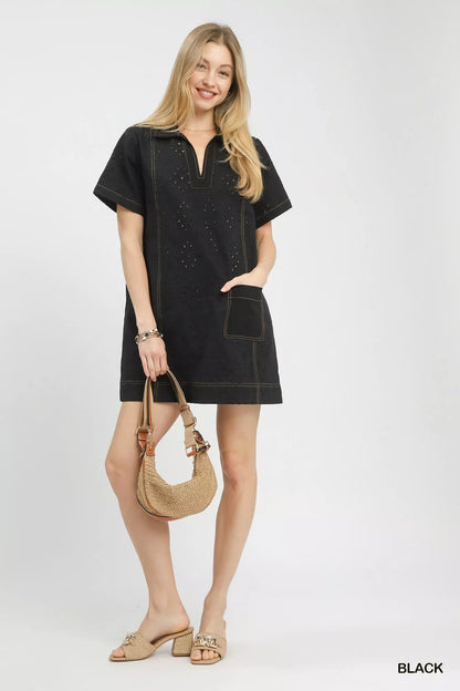 Umgee Eyelet Short Sleeve Shift Dress with Pocket - Bitsy Gypsy Boutique