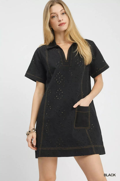 Umgee Eyelet Short Sleeve Shift Dress with Pocket - Bitsy Gypsy Boutique