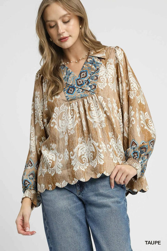 Umgee Floral Boho Blouse with Scalloped Hem - Bitsy Gypsy Boutique