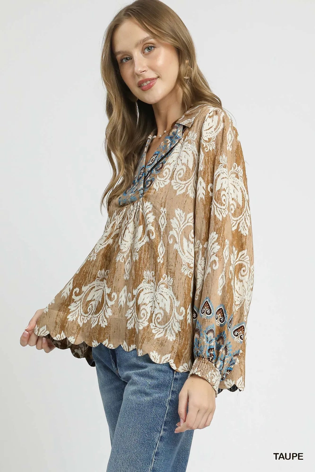 Umgee Floral Boho Blouse with Scalloped Hem - Bitsy Gypsy Boutique