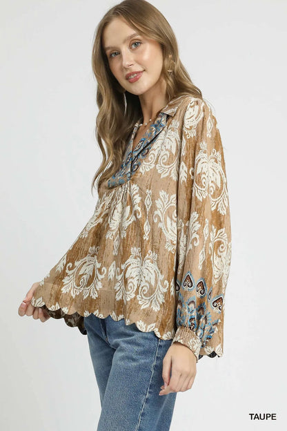 Umgee Floral Boho Blouse with Scalloped Hem - Bitsy Gypsy Boutique