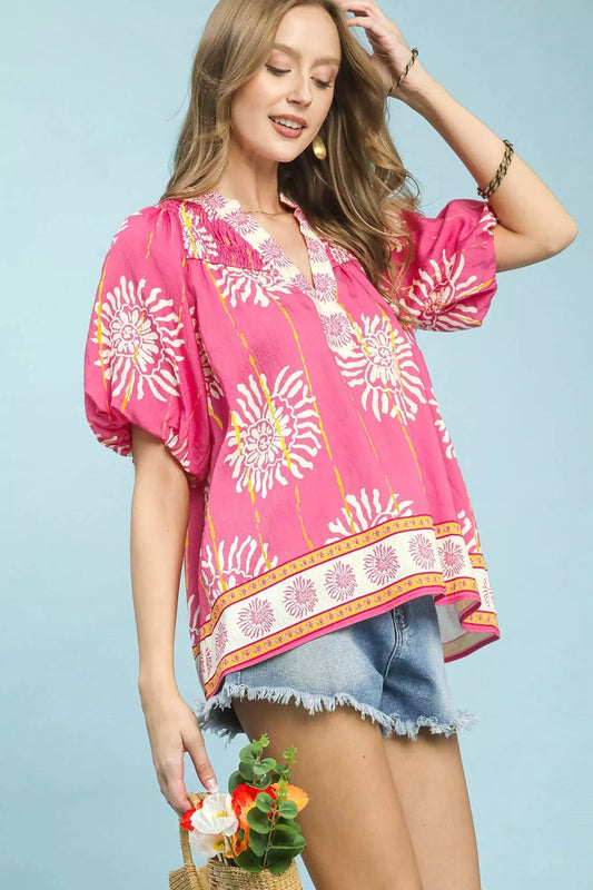 Umgee Floral Border Smocked V - Neck Boho Blouse - Bitsy Gypsy Boutique