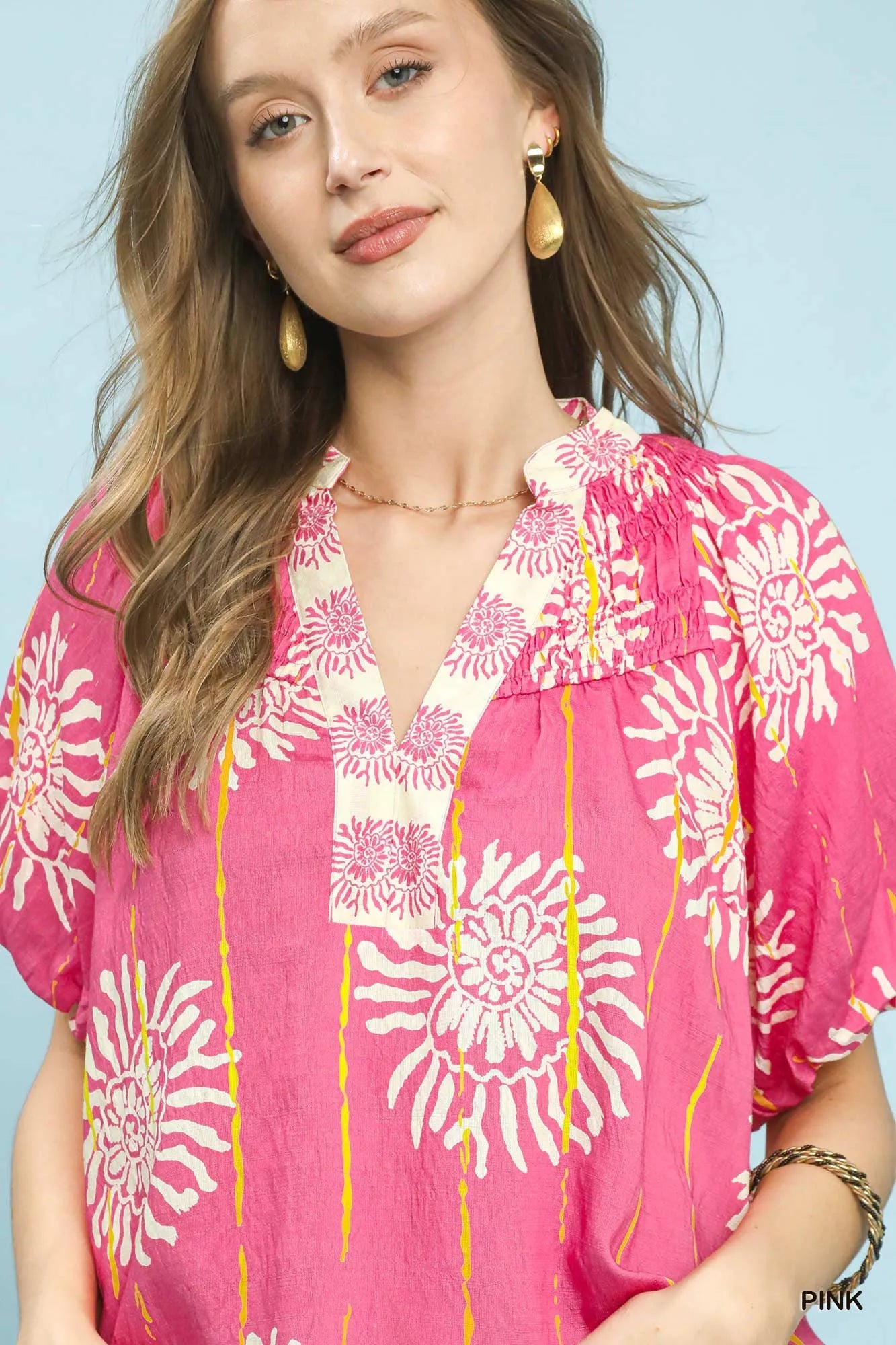 Umgee Floral Border Smocked V - Neck Boho Blouse - Bitsy Gypsy Boutique