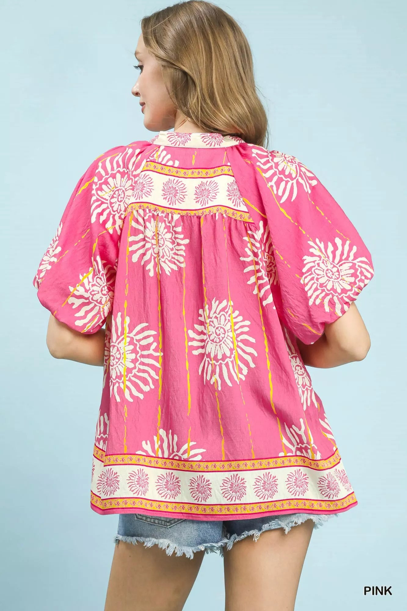 Umgee Floral Border Smocked V - Neck Boho Blouse - Bitsy Gypsy Boutique