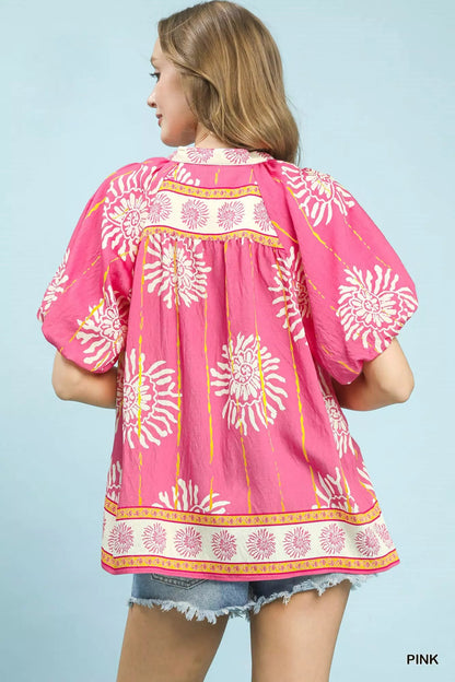Umgee Floral Border Smocked V - Neck Boho Blouse - Bitsy Gypsy Boutique
