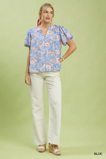 Umgee Floral Button - Front Short Sleeve Shirt - Bitsy Gypsy Boutique