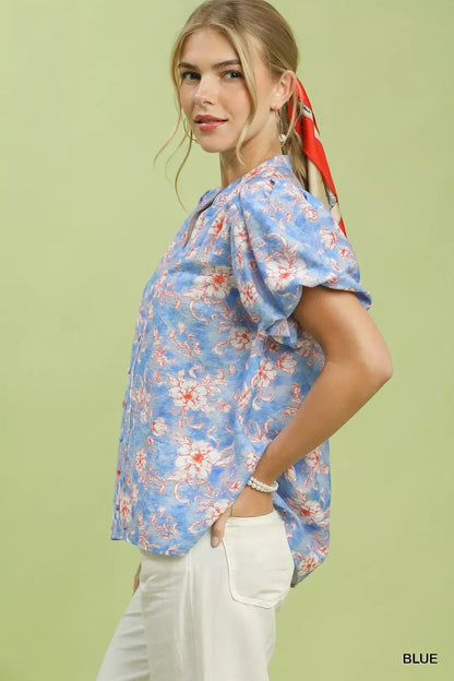 Umgee Floral Button - Front Short Sleeve Shirt - Bitsy Gypsy Boutique