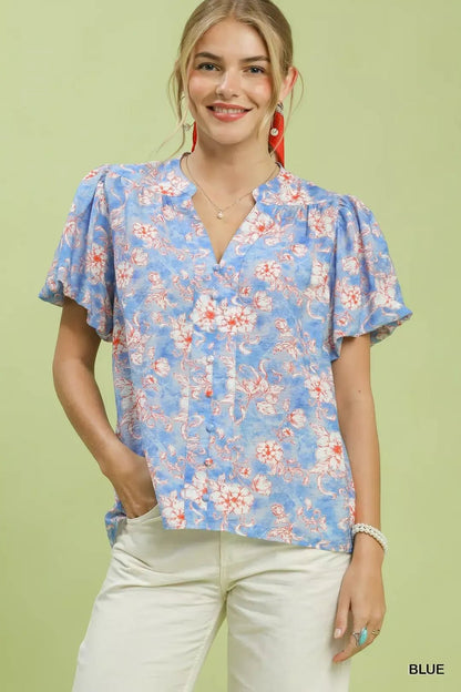 Umgee Floral Button - Front Short Sleeve Shirt - Bitsy Gypsy Boutique
