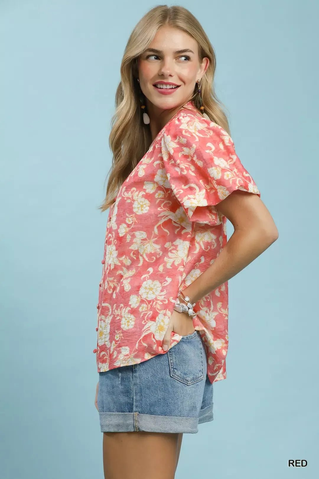 Umgee Floral Button - Front Short Sleeve Shirt - Bitsy Gypsy Boutique
