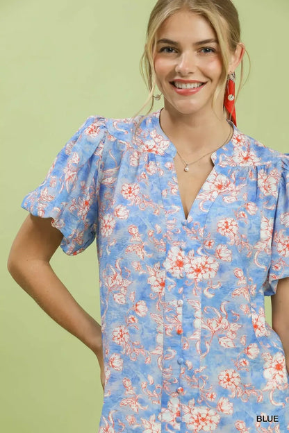 Umgee Floral Button - Front Short Sleeve Shirt - Bitsy Gypsy Boutique