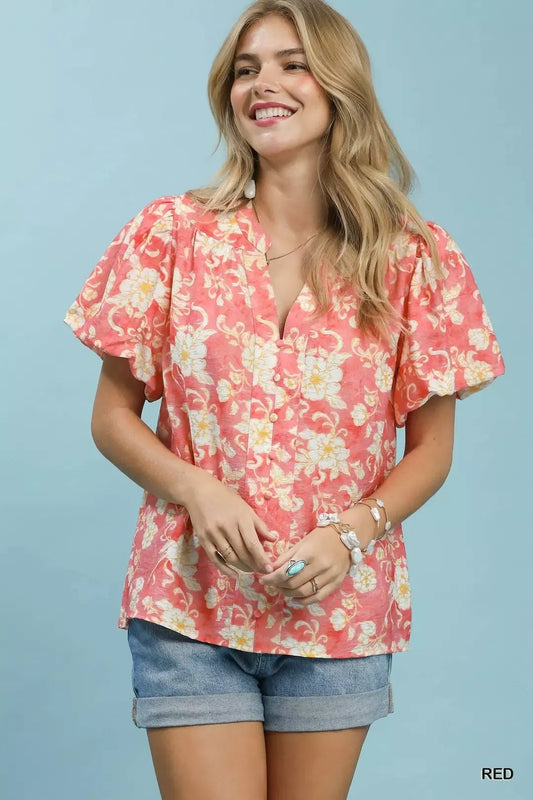 Umgee Floral Button - Front Short Sleeve Shirt - Bitsy Gypsy Boutique