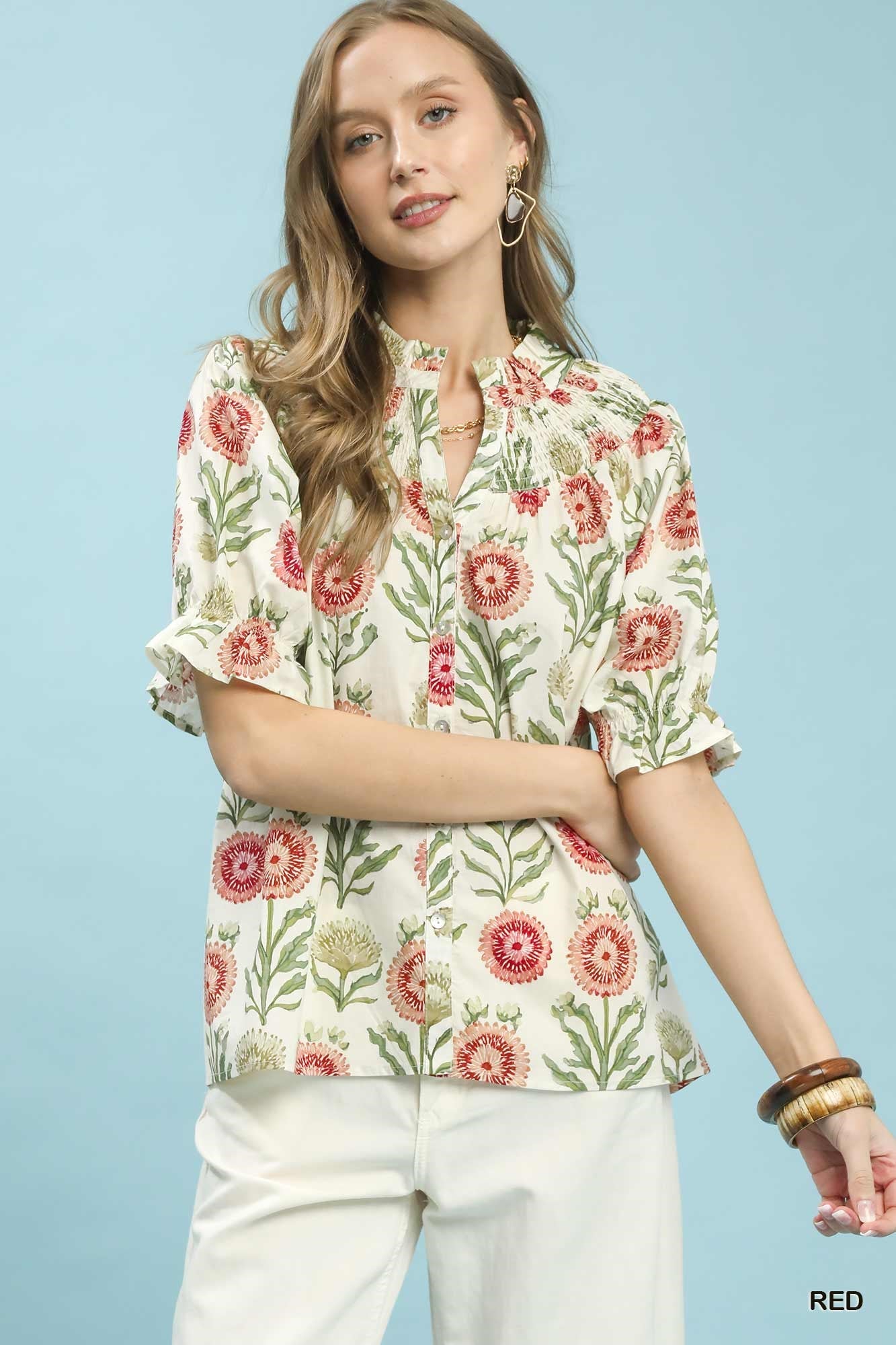 Umgee Floral Button - Front Short Sleeve Top - Bitsy Gypsy Boutique