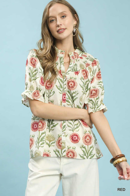 Umgee Floral Button - Front Short Sleeve Top - Bitsy Gypsy Boutique