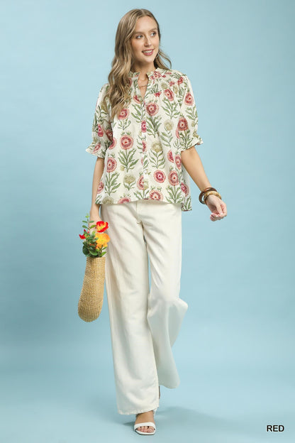 Umgee Floral Button - Front Short Sleeve Top - Bitsy Gypsy Boutique
