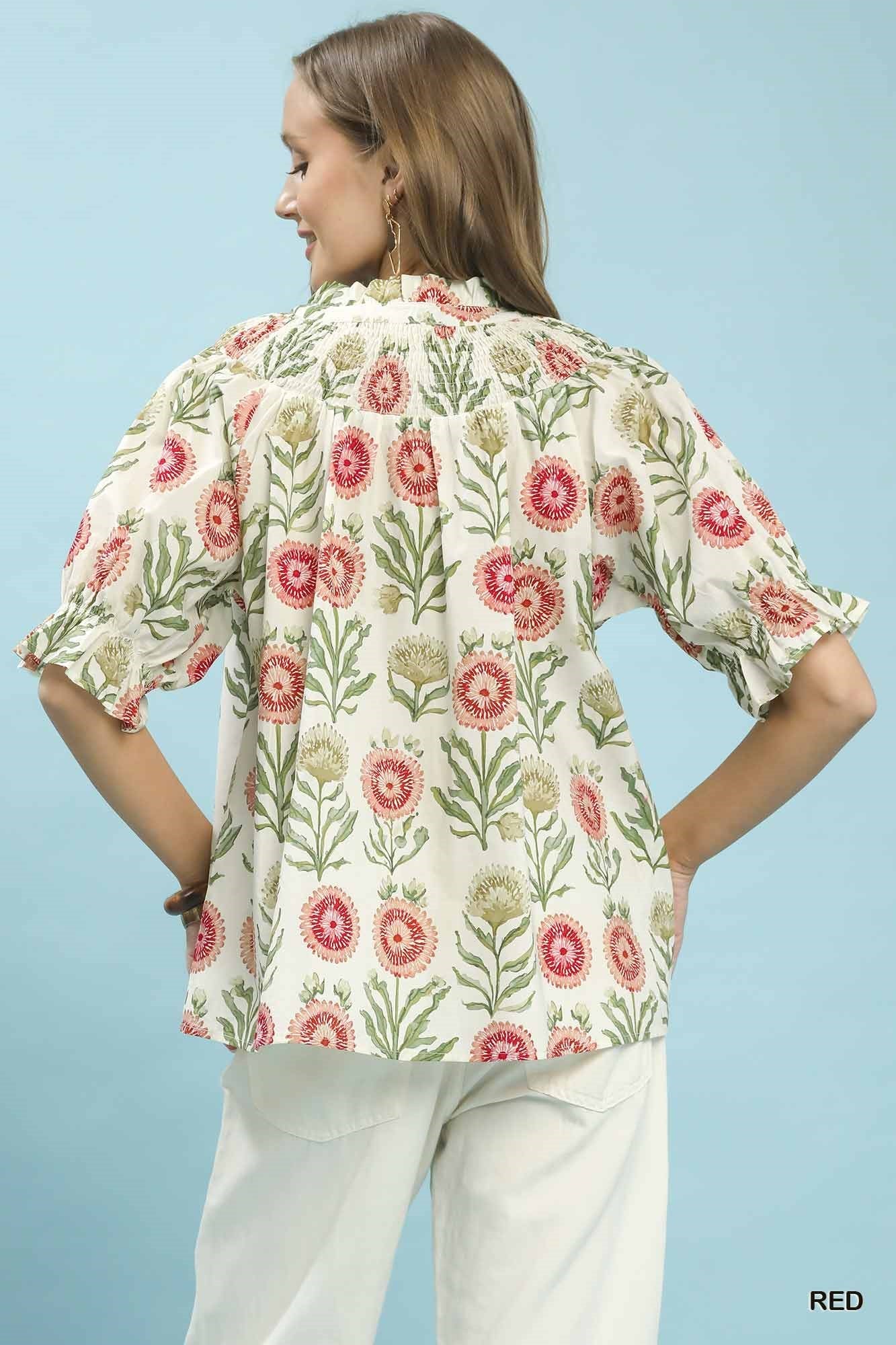 Umgee Floral Button - Front Short Sleeve Top - Bitsy Gypsy Boutique