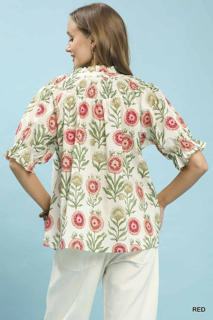Umgee Floral Button - Front Short Sleeve Top - Bitsy Gypsy Boutique