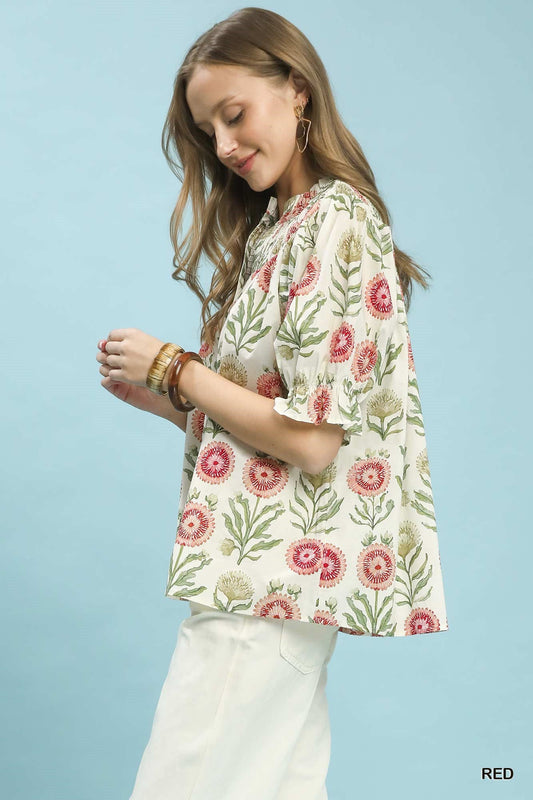 Umgee Floral Button - Front Short Sleeve Top - Bitsy Gypsy Boutique