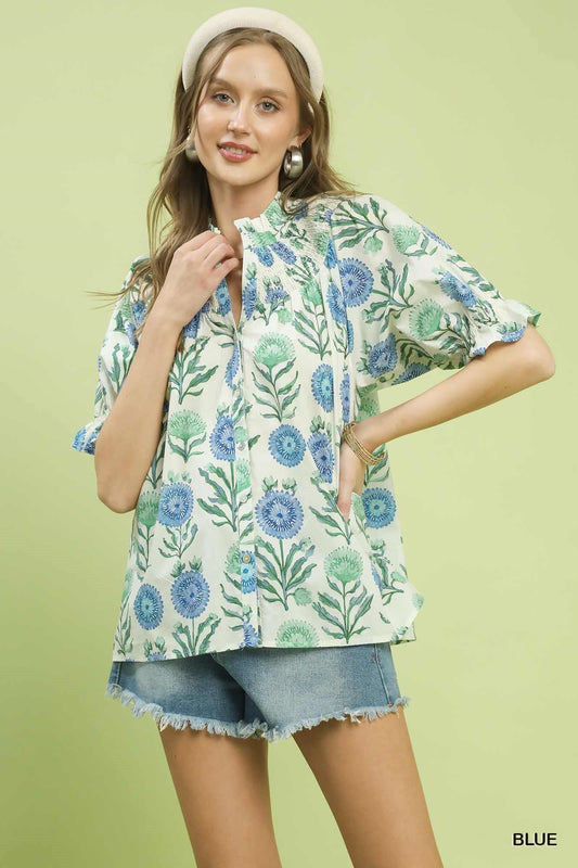 Umgee Floral Button - Front Short Sleeve Top - Bitsy Gypsy Boutique