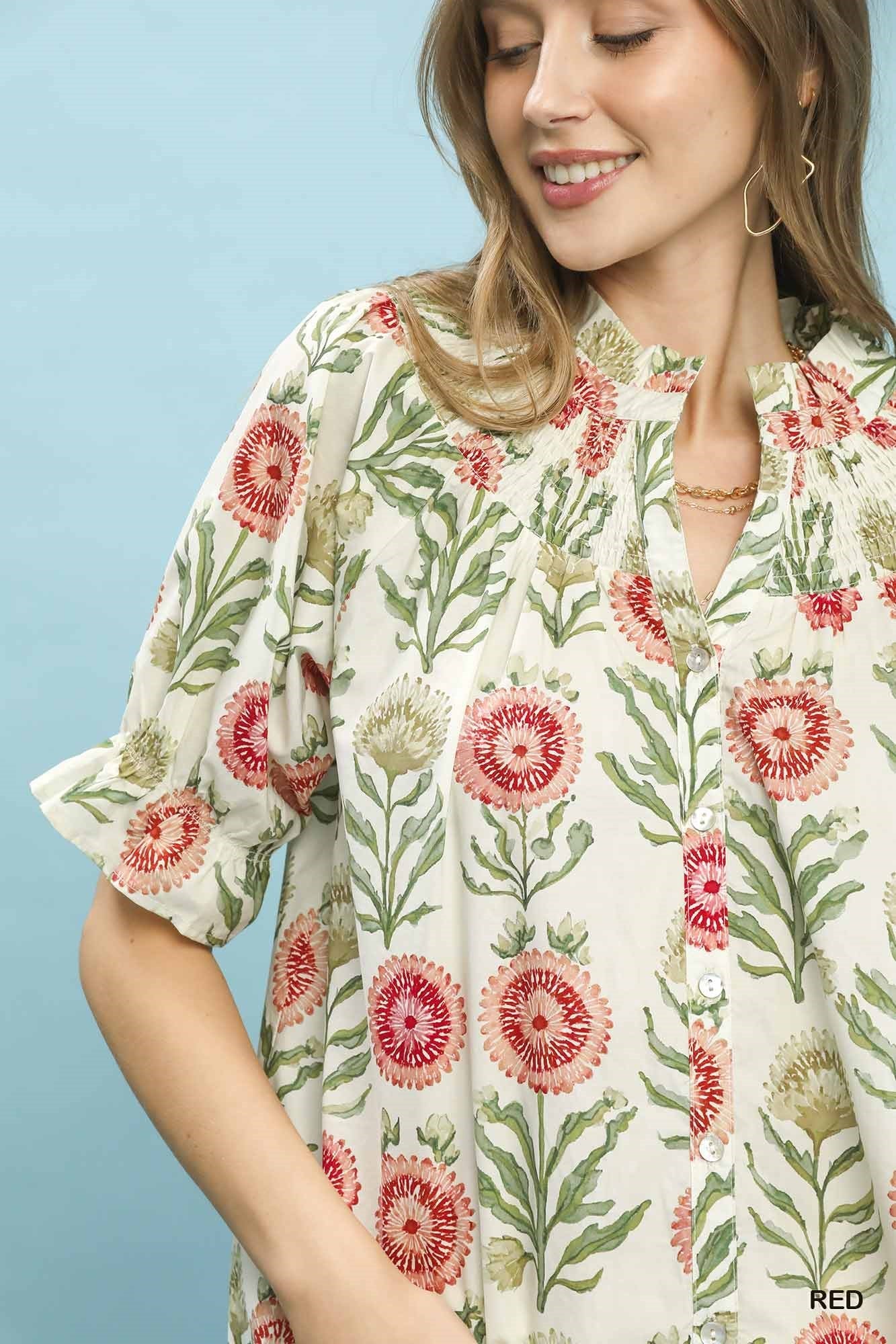 Umgee Floral Button - Front Short Sleeve Top - Bitsy Gypsy Boutique