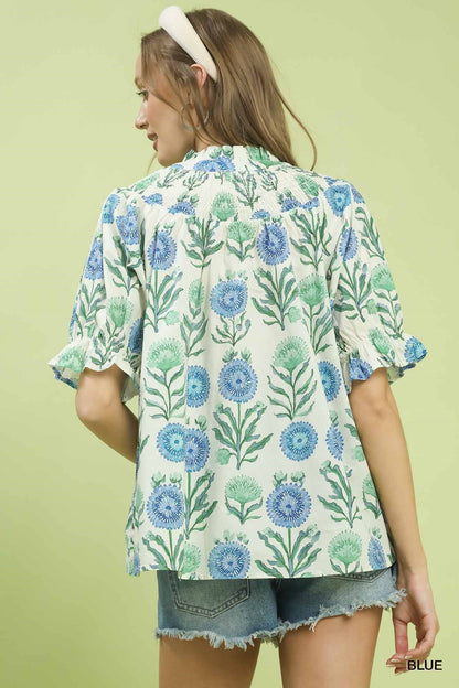 Umgee Floral Button - Front Short Sleeve Top - Bitsy Gypsy Boutique