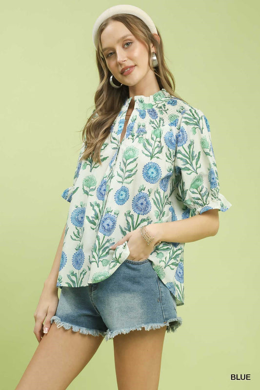 Umgee Floral Button - Front Short Sleeve Top - Bitsy Gypsy Boutique