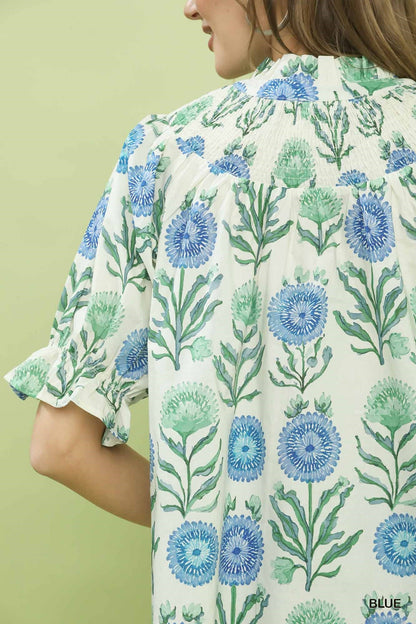 Umgee Floral Button - Front Short Sleeve Top - Bitsy Gypsy Boutique