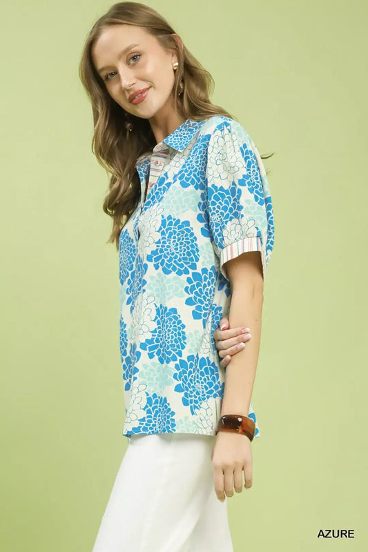 Umgee Floral Collared Short Sleeve Blouse - Bitsy Gypsy Boutique
