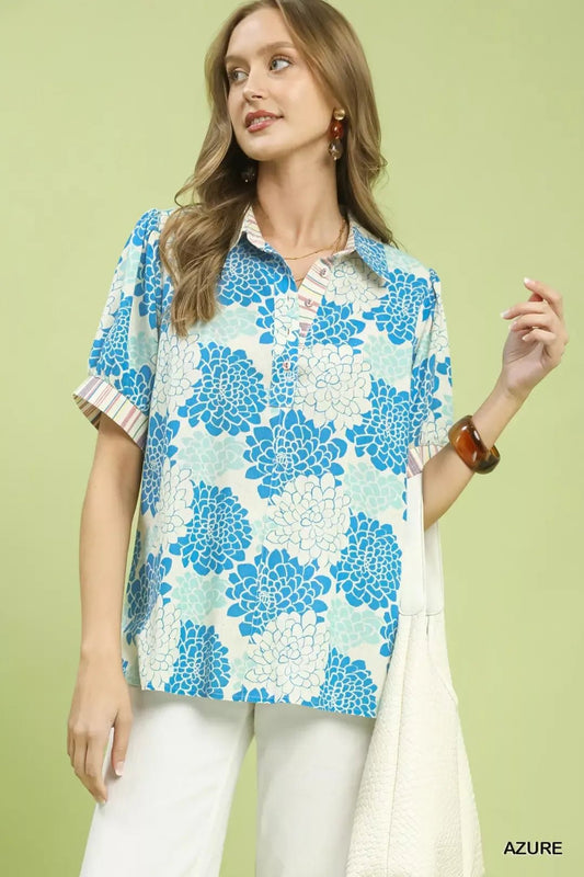 Umgee Floral Collared Short Sleeve Blouse - Bitsy Gypsy Boutique