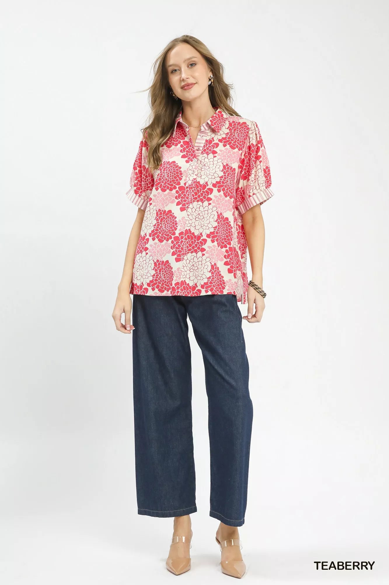 Umgee Floral Collared Short Sleeve Blouse - Bitsy Gypsy Boutique