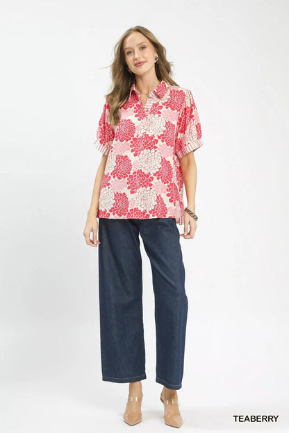 Umgee Floral Collared Short Sleeve Blouse - Bitsy Gypsy Boutique