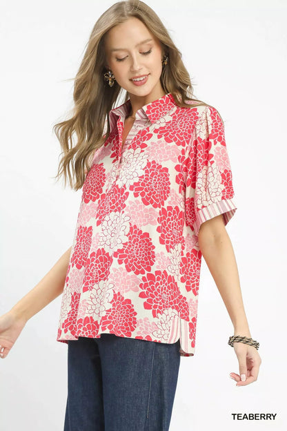 Umgee Floral Collared Short Sleeve Blouse - Bitsy Gypsy Boutique