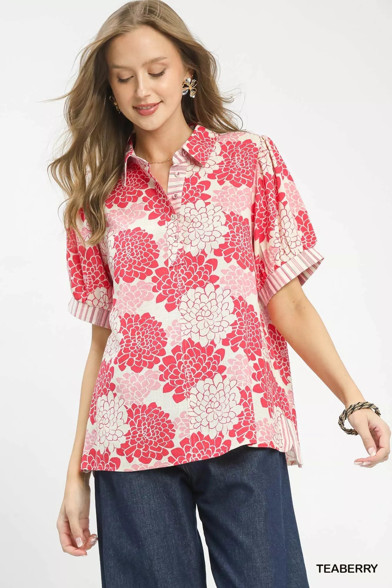 Umgee Floral Collared Short Sleeve Blouse - Bitsy Gypsy Boutique