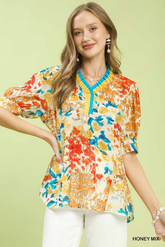 Umgee Floral Contrast Pleat Neck Top - Bitsy Gypsy Boutique