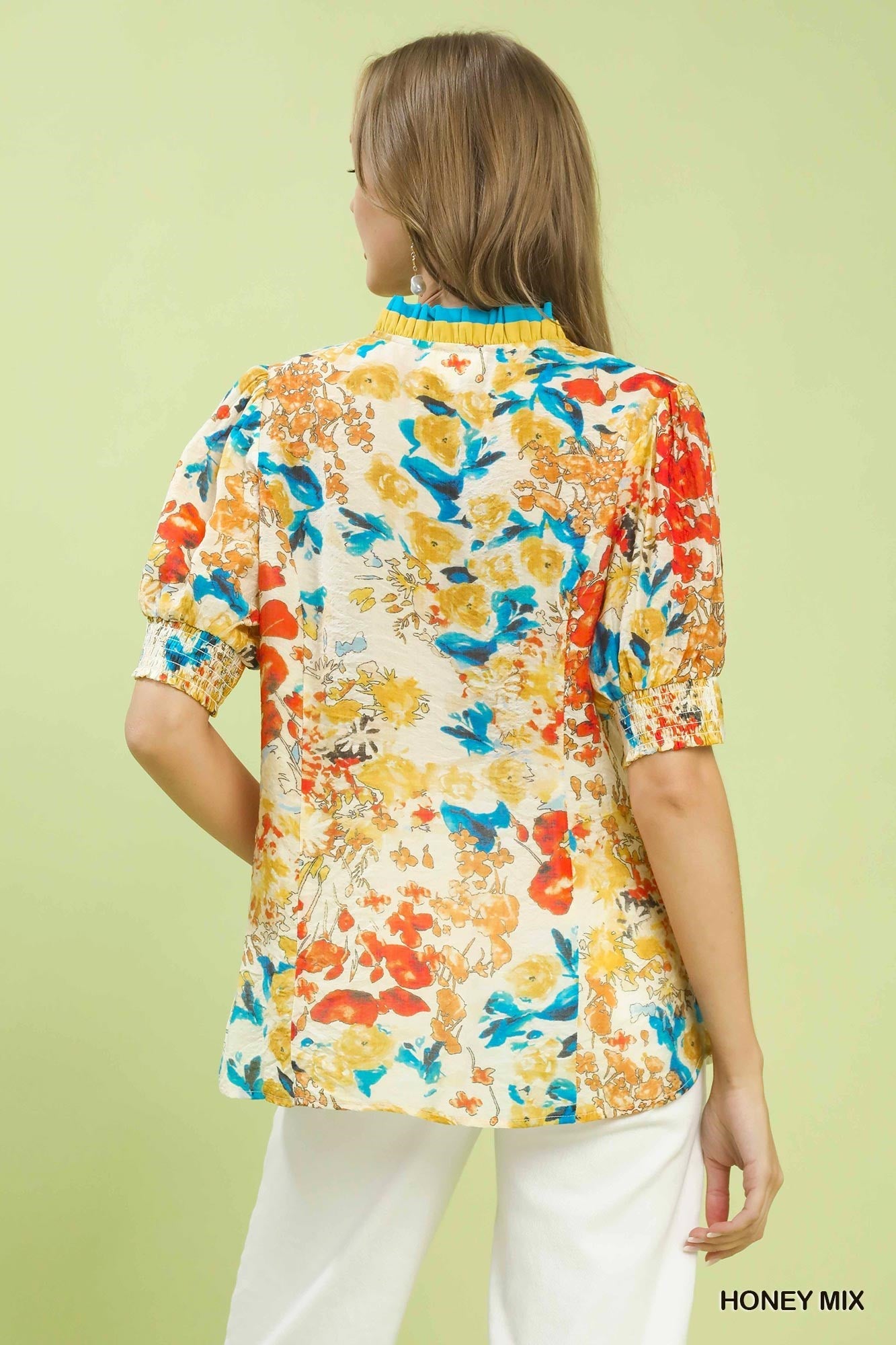 Umgee Floral Contrast Pleat Neck Top - Bitsy Gypsy Boutique