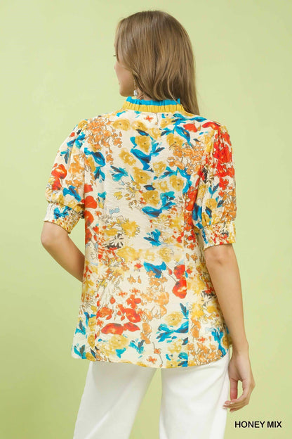 Umgee Floral Contrast Pleat Neck Top - Bitsy Gypsy Boutique