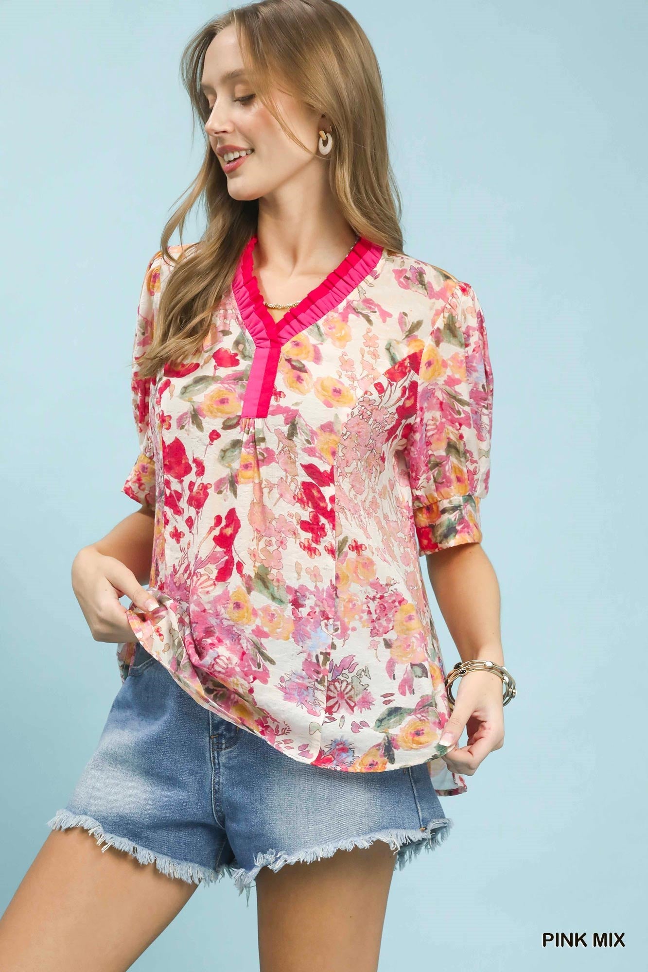 Umgee Floral Contrast Pleat Neck Top - Bitsy Gypsy Boutique