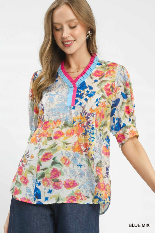 Umgee Floral Contrast Pleat Neck Top - Bitsy Gypsy Boutique