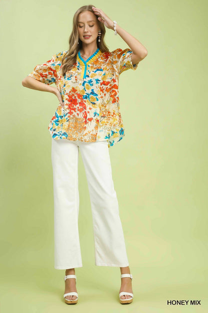 Umgee Floral Contrast Pleat Neck Top - Bitsy Gypsy Boutique