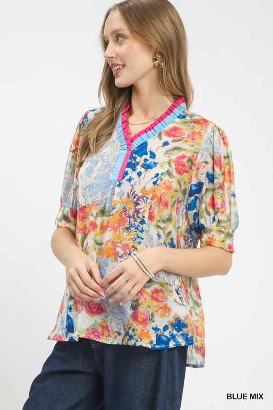 Umgee Floral Contrast Pleat Neck Top - Bitsy Gypsy Boutique