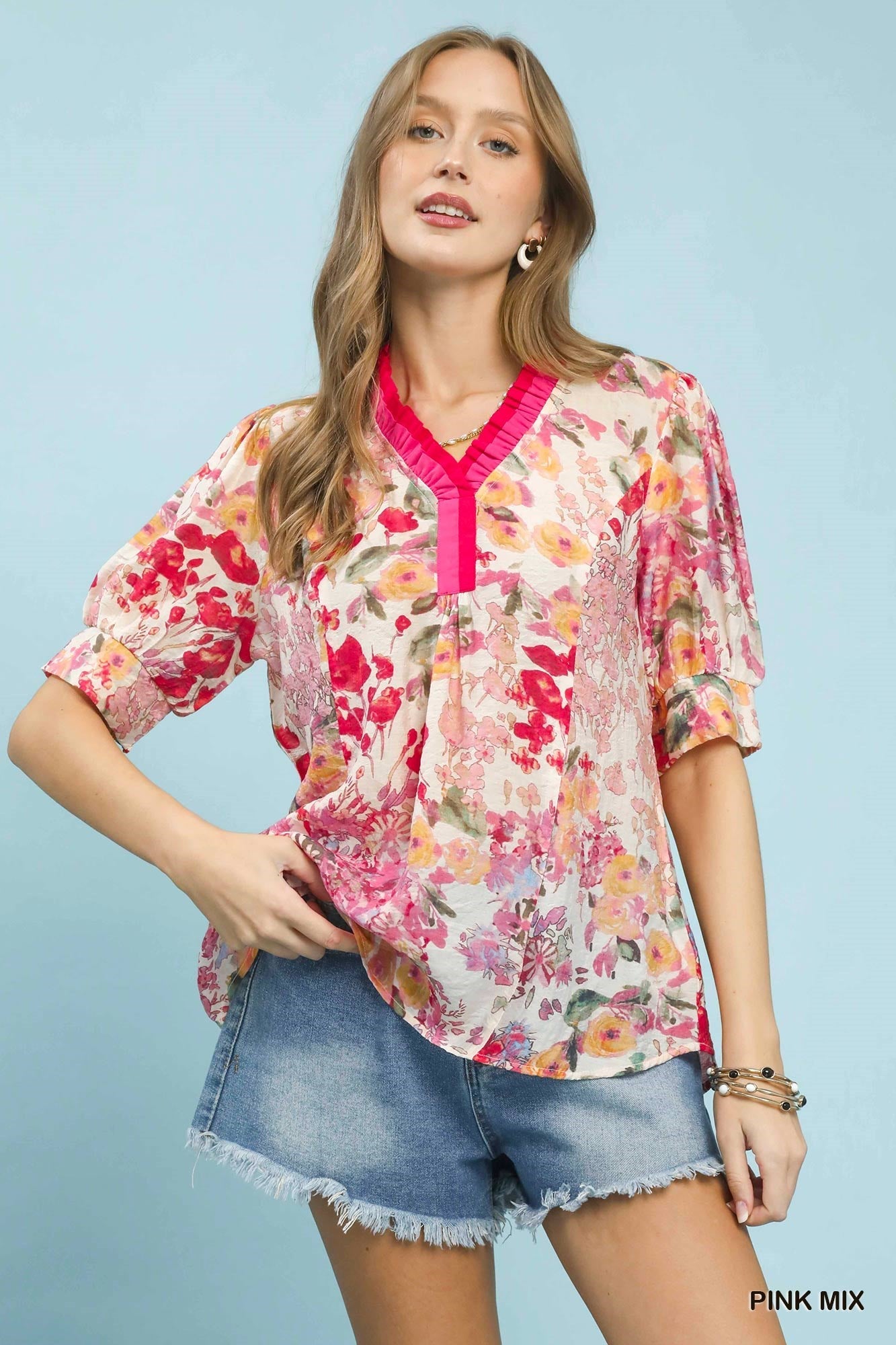 Umgee Floral Contrast Pleat Neck Top - Bitsy Gypsy Boutique