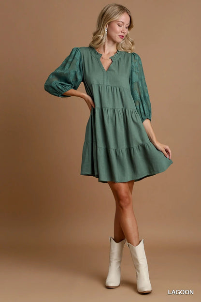 Umgee Floral Contrast Sleeve Tiered Dress - Bitsy Gypsy Boutique