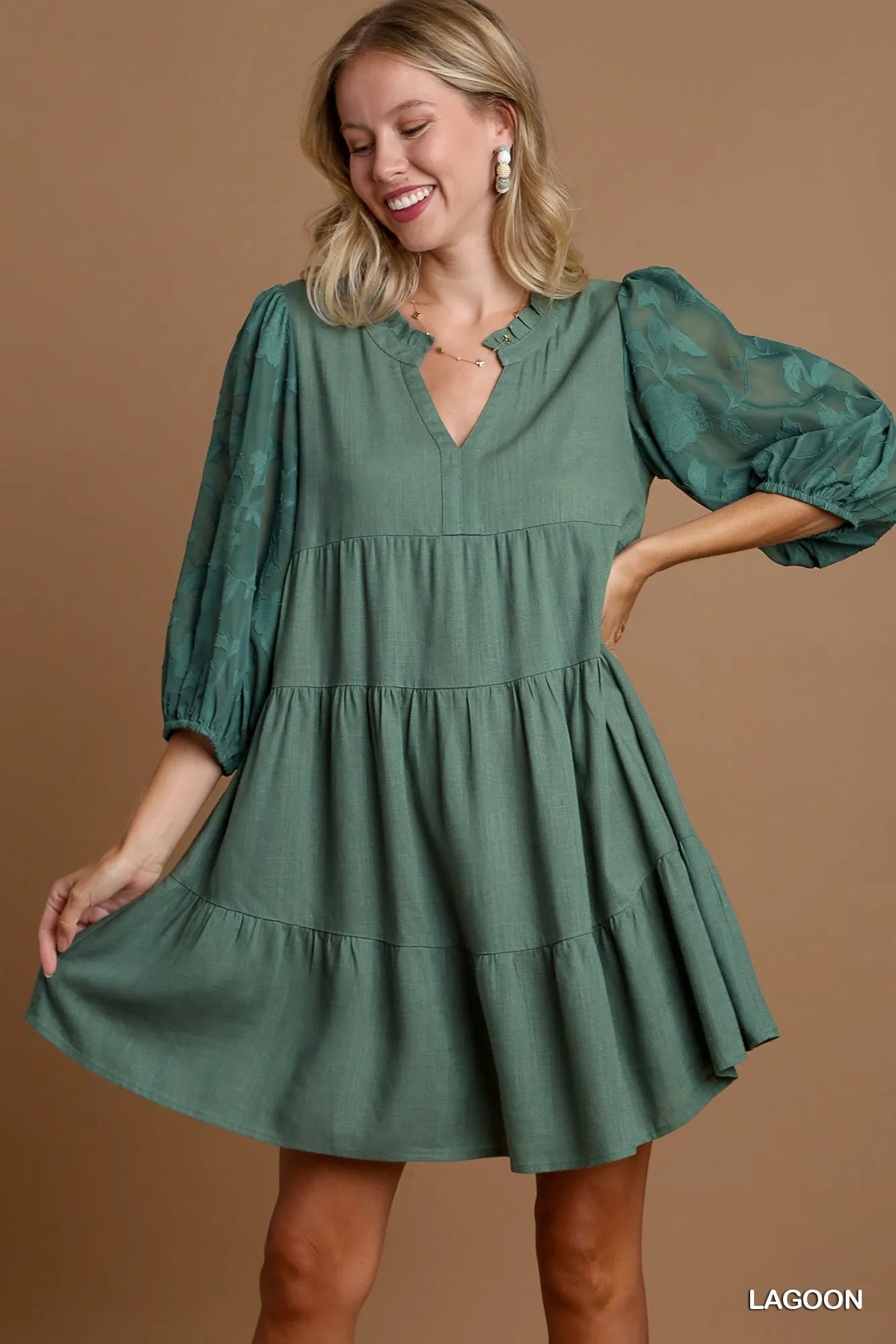 Umgee Floral Contrast Sleeve Tiered Dress - Bitsy Gypsy Boutique