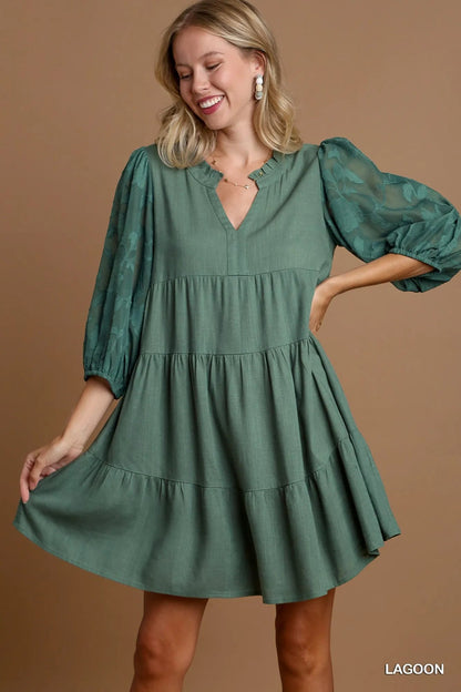 Umgee Floral Contrast Sleeve Tiered Dress - Bitsy Gypsy Boutique