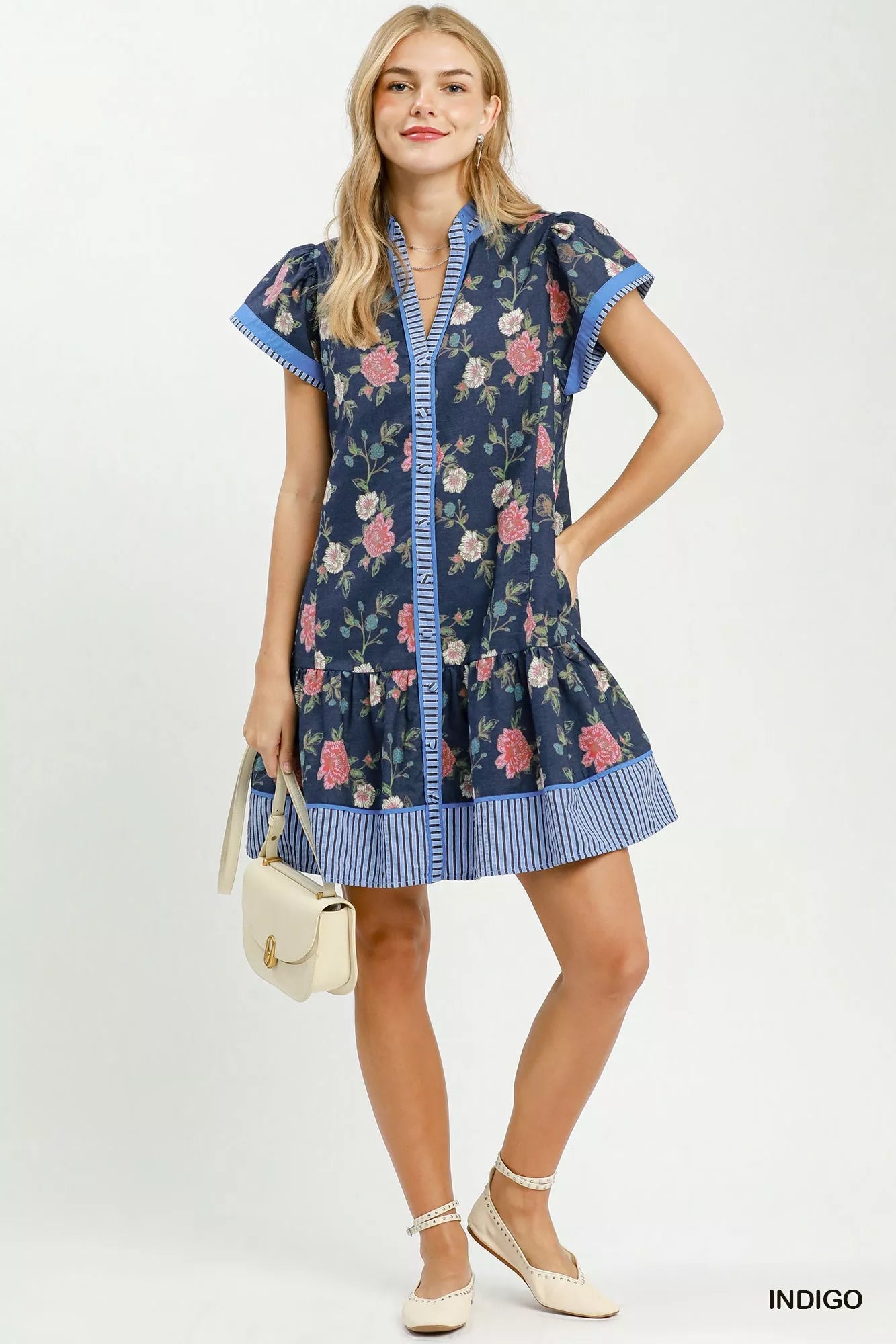 Umgee Floral Contrast Trim Ruffle Hem Mini Dress - Bitsy Gypsy Boutique