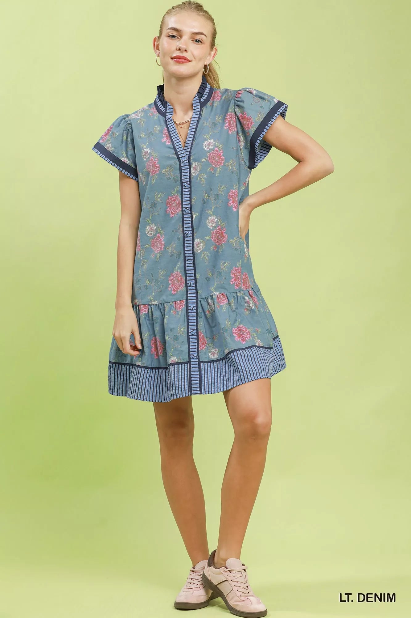 Umgee Floral Contrast Trim Ruffle Hem Mini Dress - Bitsy Gypsy Boutique