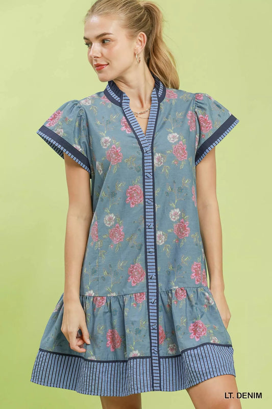 Umgee Floral Contrast Trim Ruffle Hem Mini Dress - Bitsy Gypsy Boutique