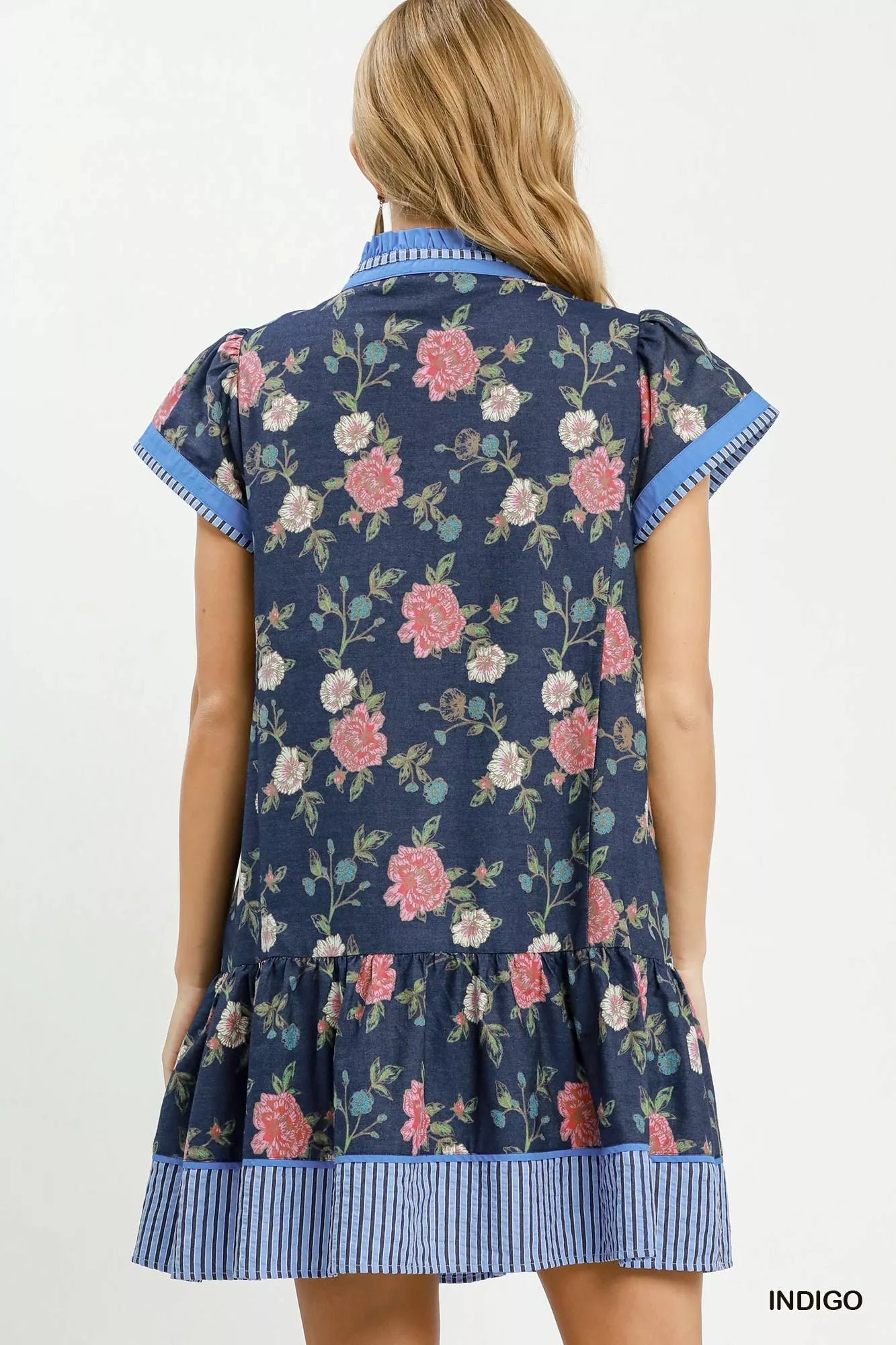 Umgee Floral Contrast Trim Ruffle Hem Mini Dress - Bitsy Gypsy Boutique