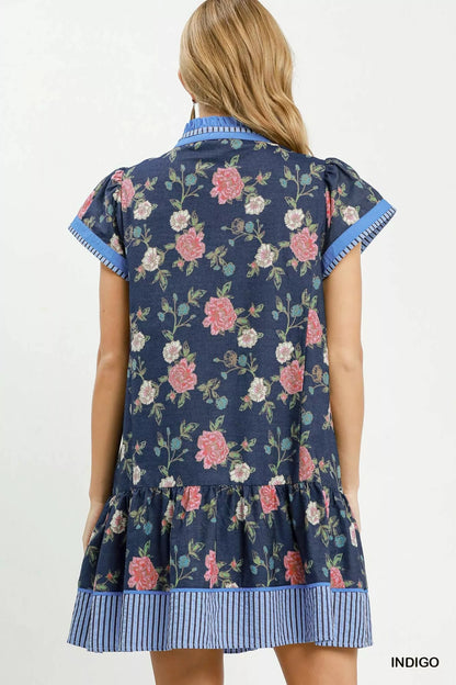 Umgee Floral Contrast Trim Ruffle Hem Mini Dress - Bitsy Gypsy Boutique